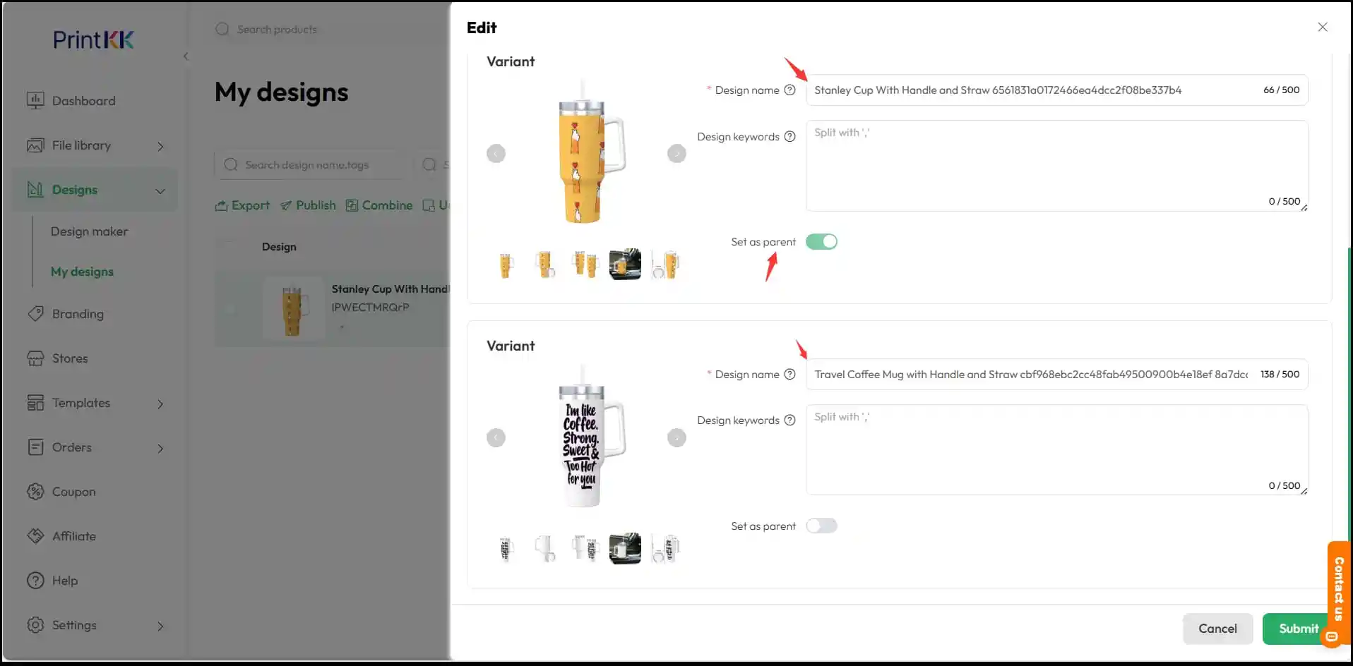 How can I create a single product with different designs? (combine/variant/SKU)