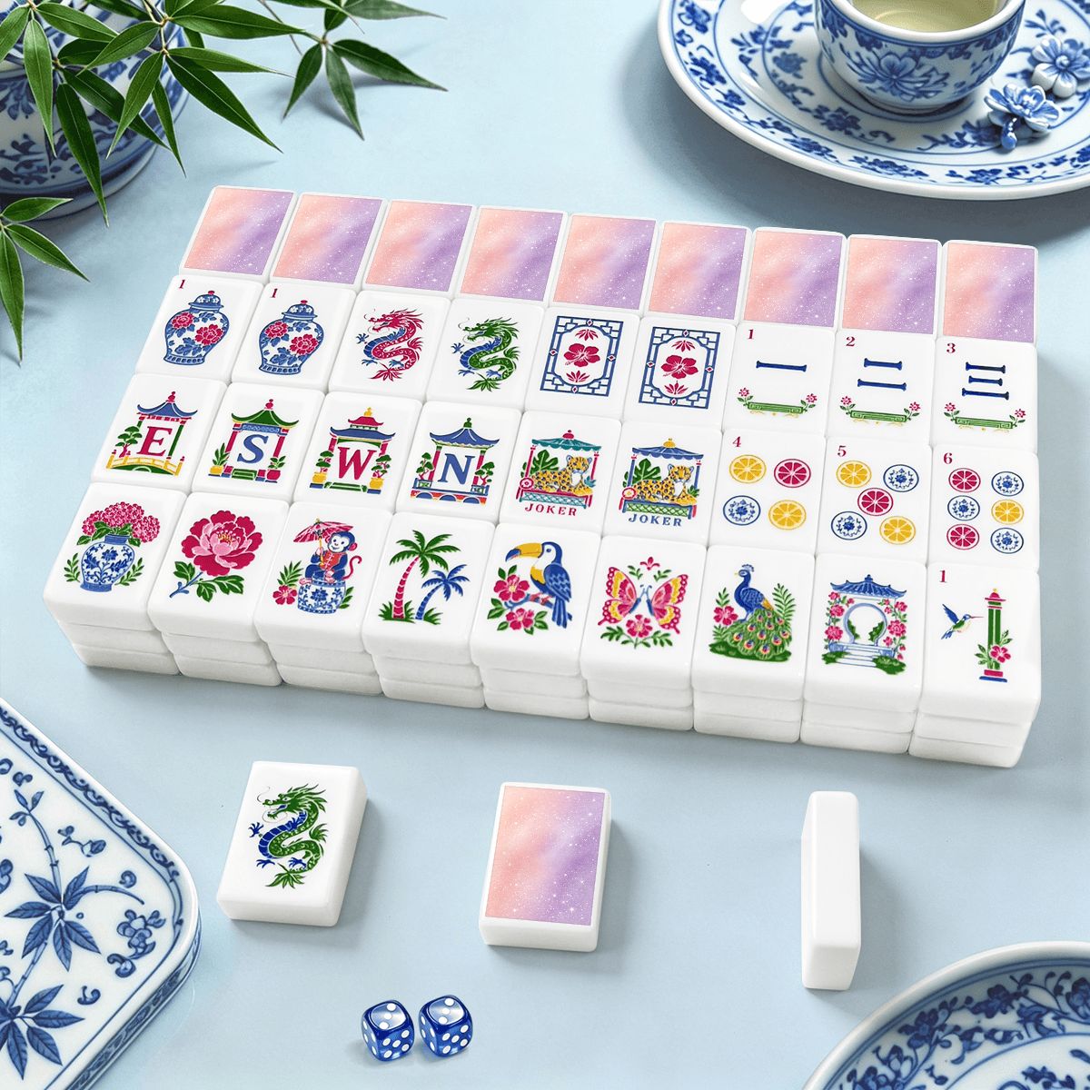 麻雀牌セット（伝統的な磁器スタイル）（シングルレイヤー）