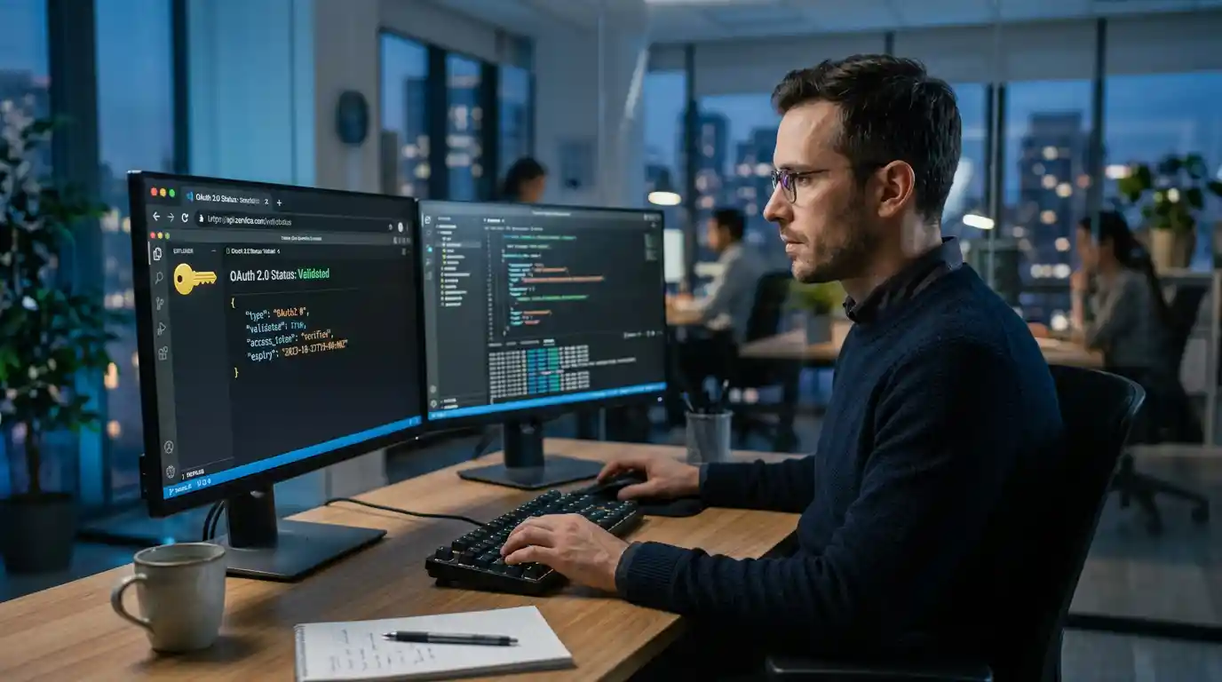 Postazione di lavoro dello sviluppatore che mostra l'autenticazione API e la configurazione sicura delle credenziali.