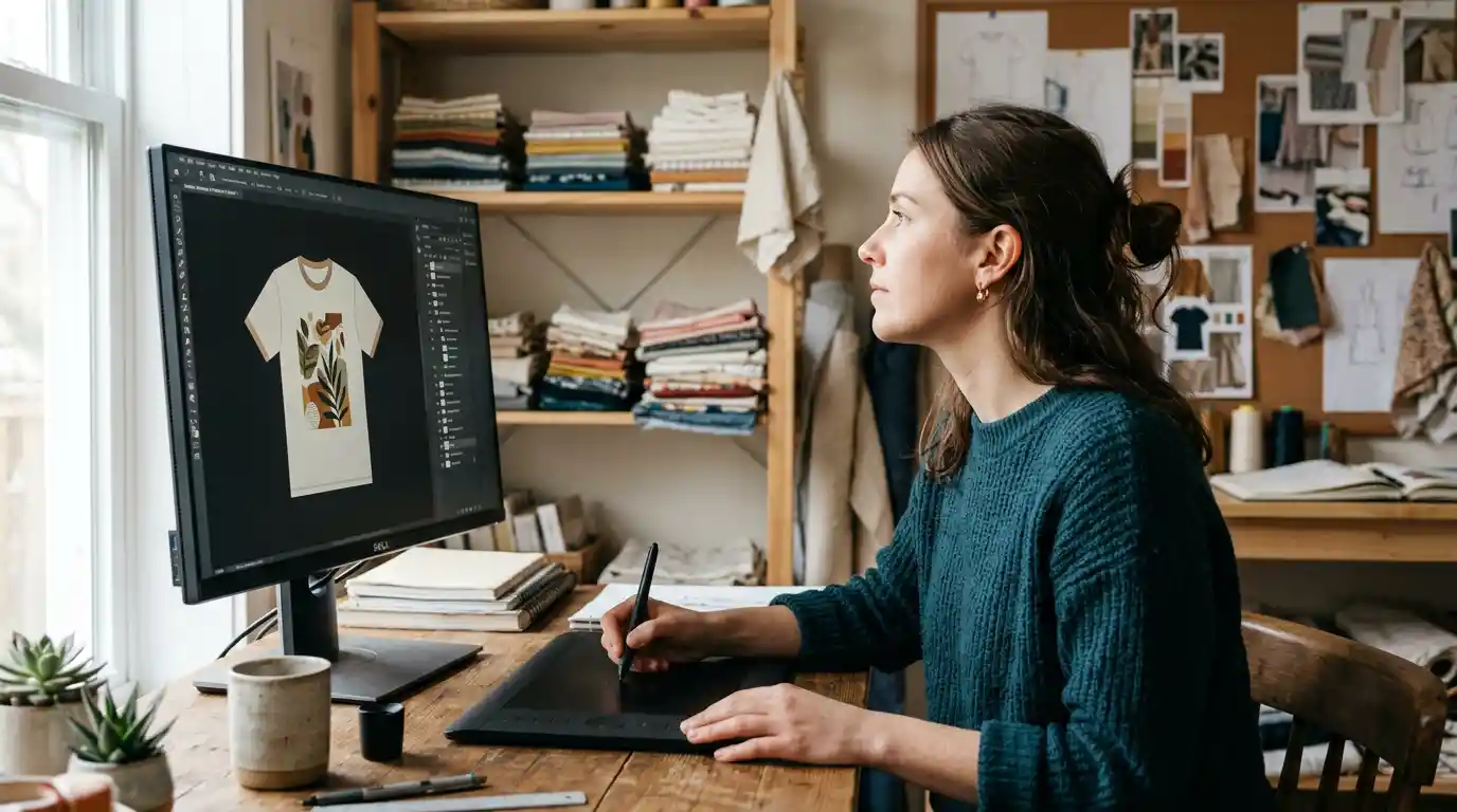 Designer che crea mockup di prodotti e dati di design in uno spazio di lavoro creativo.