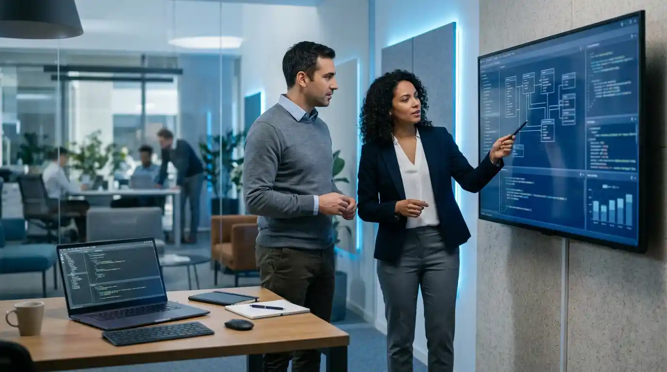 Team che esamina la documentazione API su un grande schermo in un ufficio moderno.