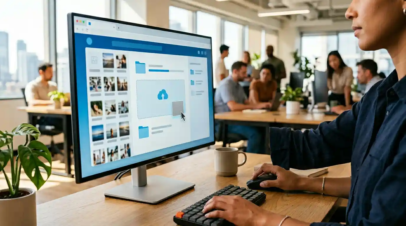 Caricamento di risorse immagine sulla piattaforma tramite un'interfaccia desktop.