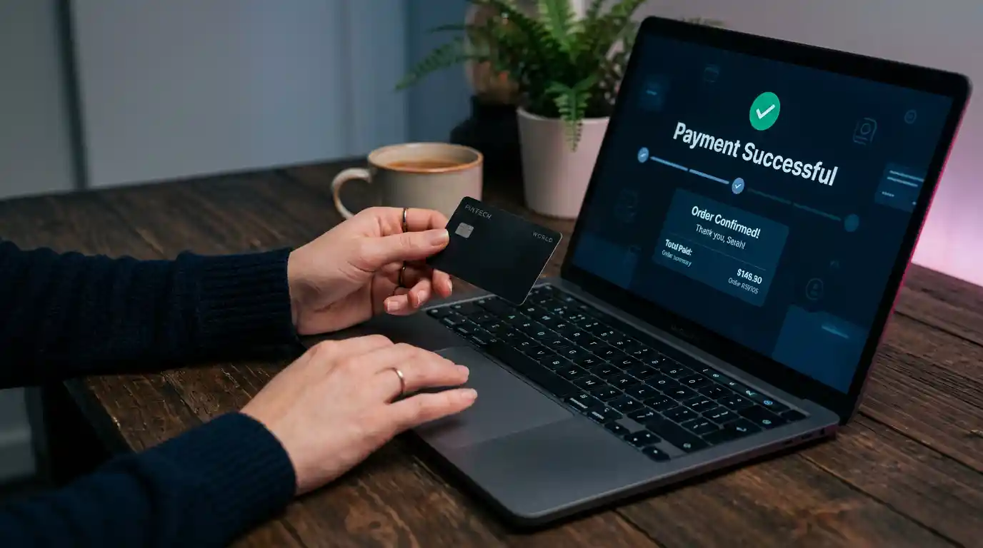 Completamento del checkout dell'ordine e del pagamento con carta su un laptop.