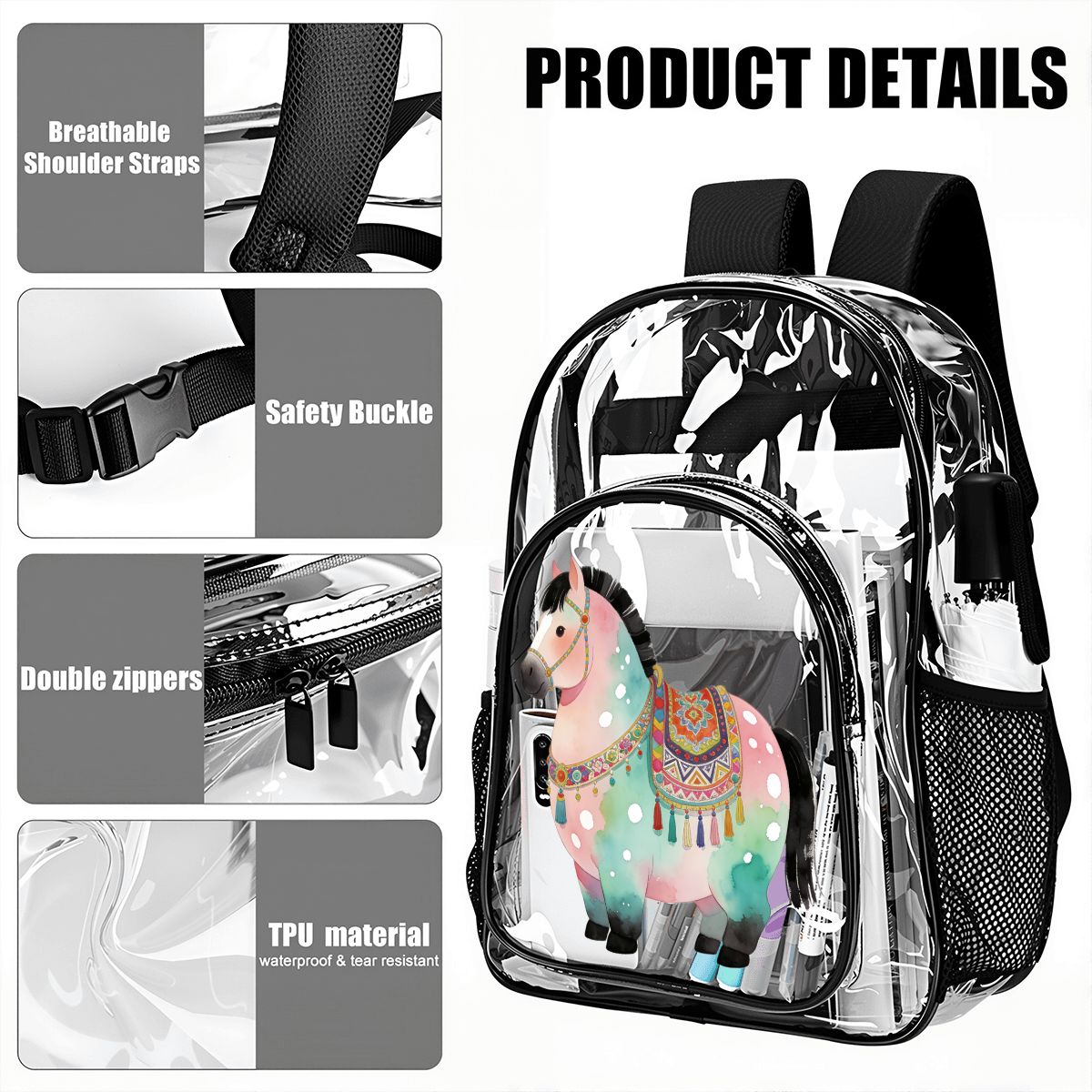 Sac à dos transparent avec poche en maille