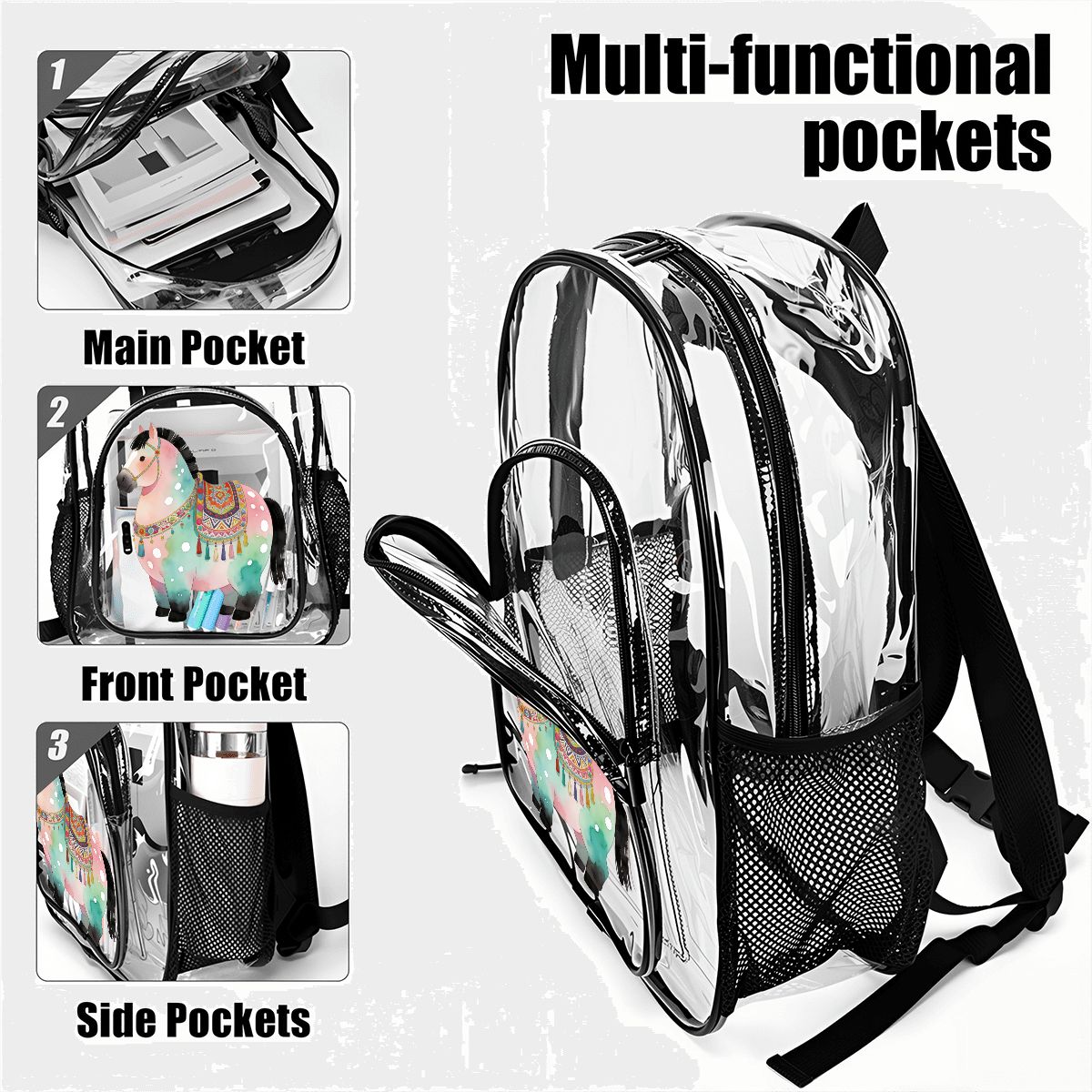 Sac à dos transparent avec poche en maille