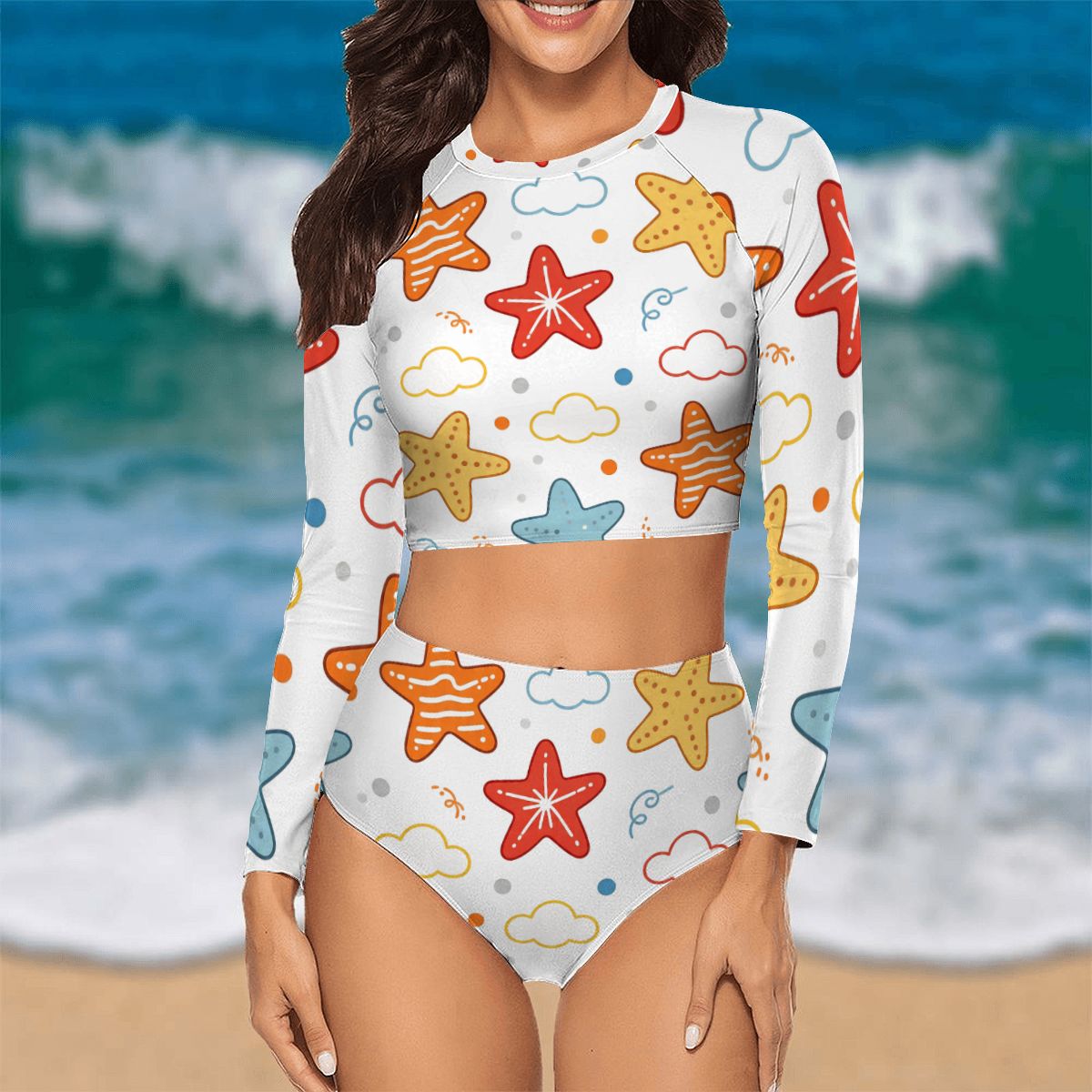 Costume da bagno da donna a due pezzi con maniche lunghe