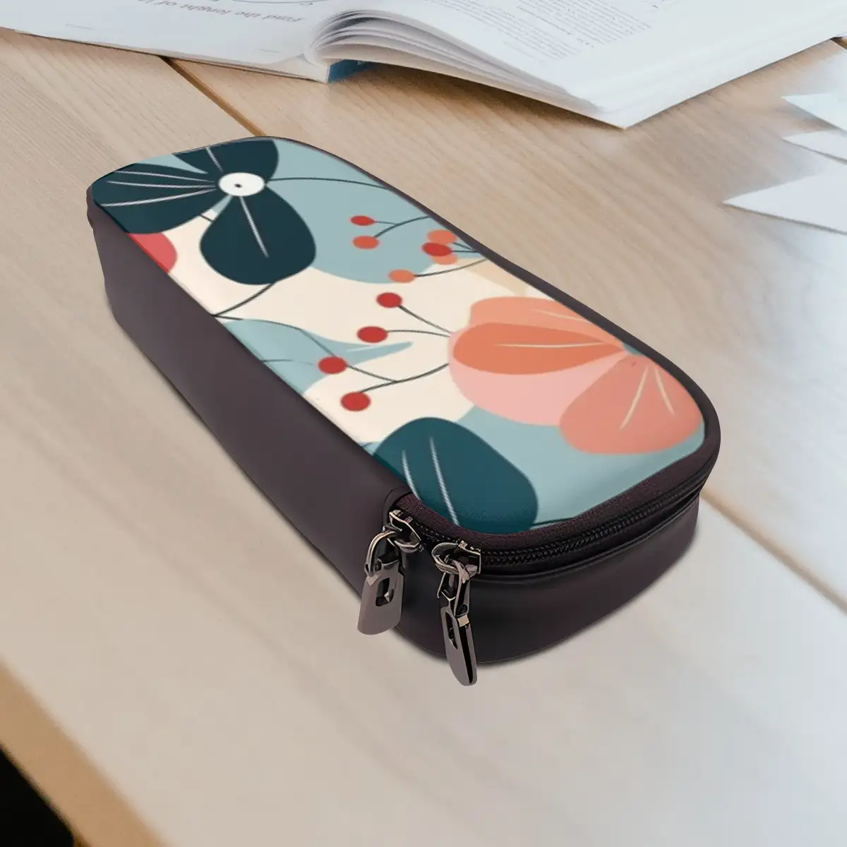 Horizontal Leather Clamshell Pencil Case