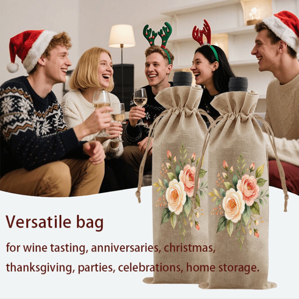 Mahjong Linen Wine Bag