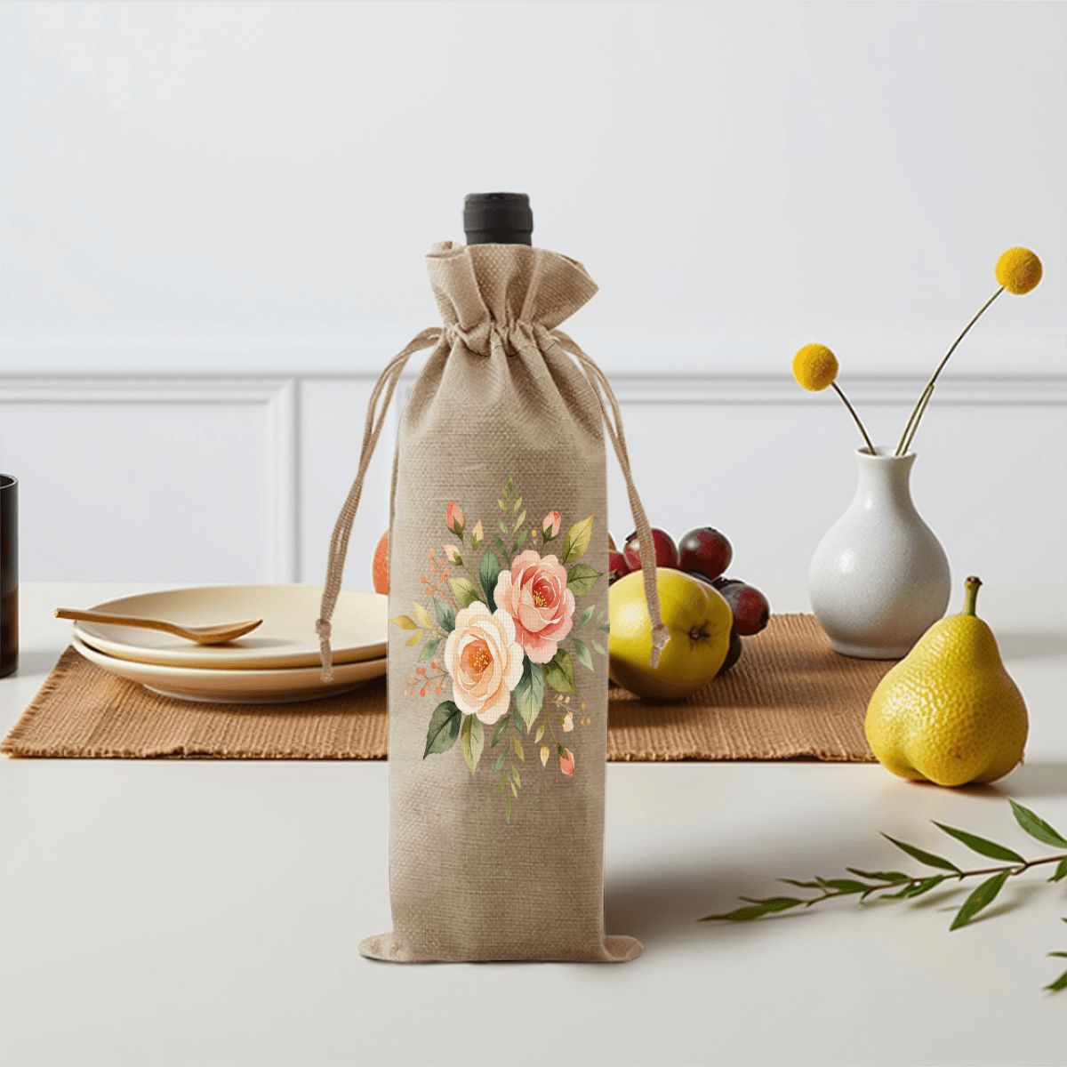 Mahjong Linen Wine Bag