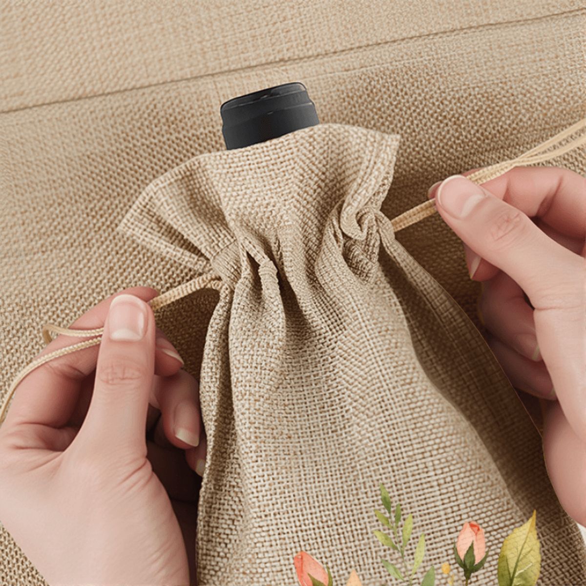 Mahjong Linen Wine Bag