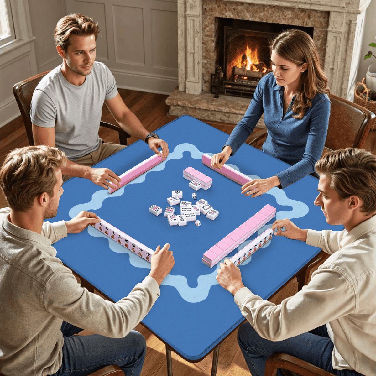 Mahjong Mat Light Blue Ruffled Border