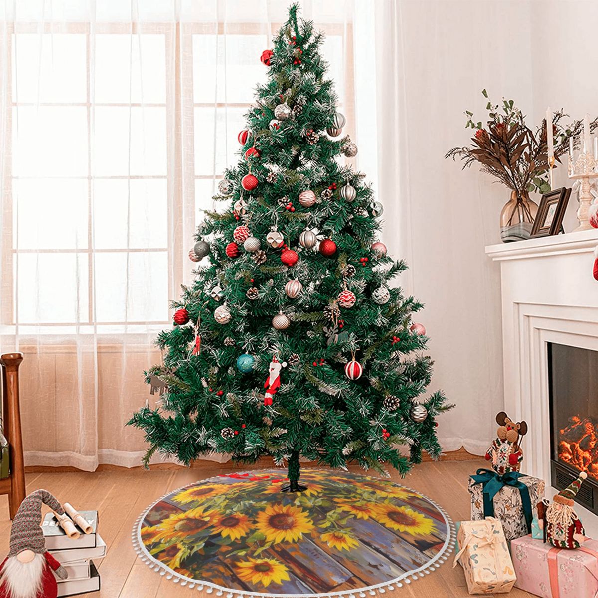 Symmetrical Christmas Tree Skirt with Pom-Poms