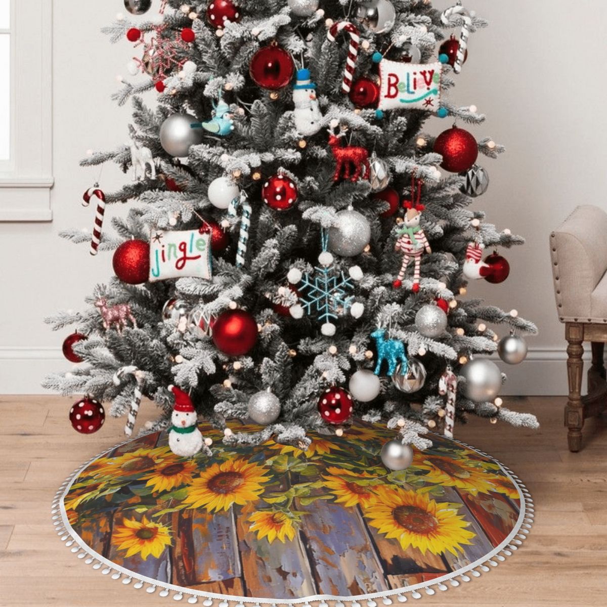 Symmetrical Christmas Tree Skirt with Pom-Poms