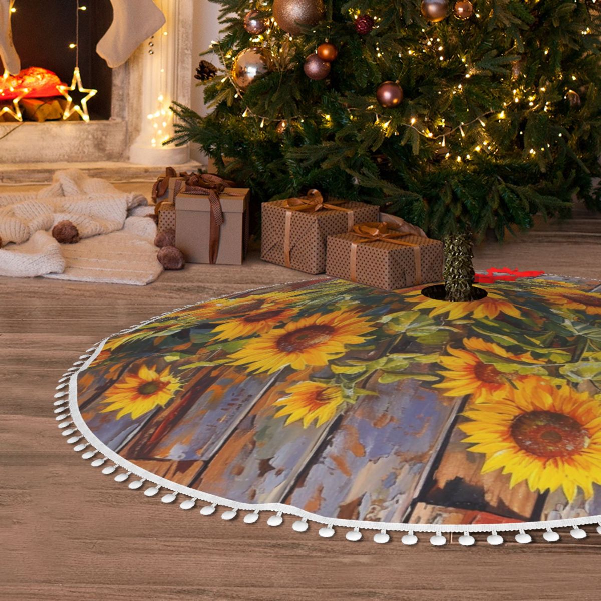 Symmetrical Christmas Tree Skirt with Pom-Poms