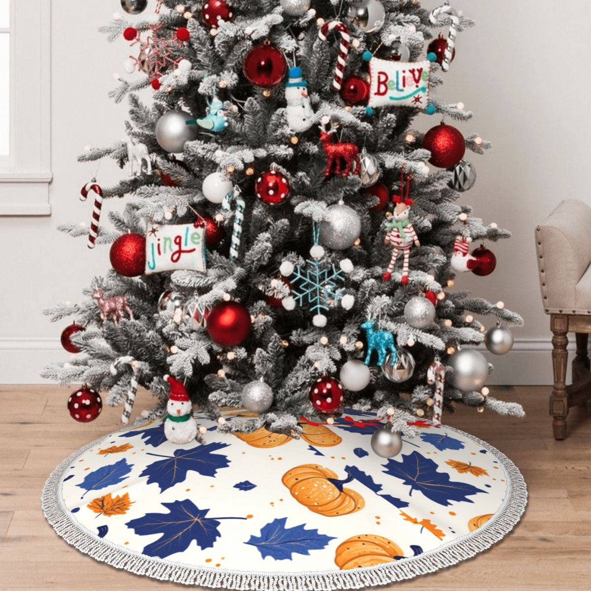 Symmetrical Thickened Christmas Tree Skirt with Tassel Edges