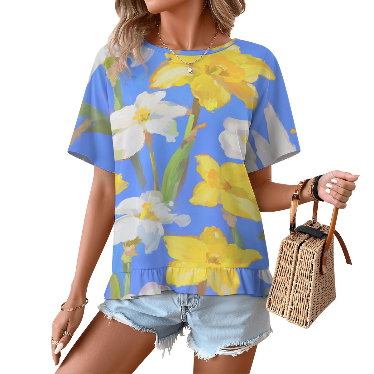 女性用フリルヘム半袖Tシャツ