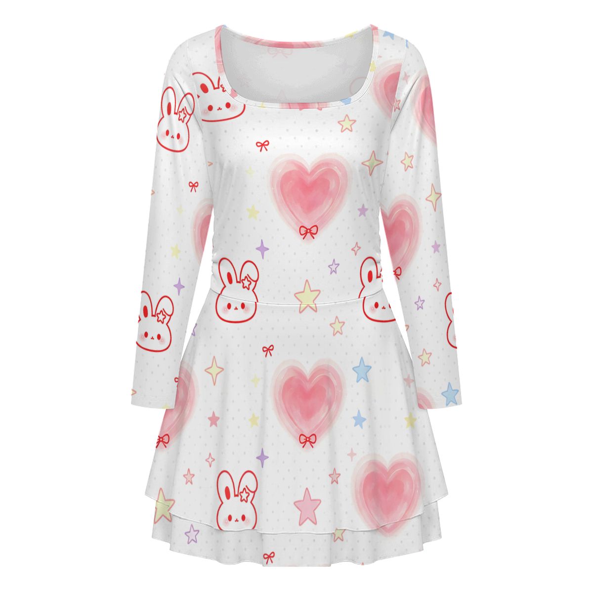 女性用スクエアネック長袖フリルミニドレス
